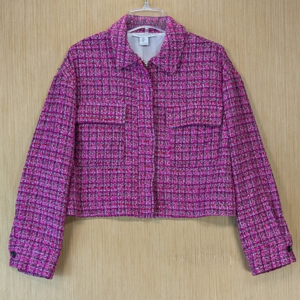 Rachel Zoe Womens Preppy Chic Tweed Boxy Cropped Jacket Size Large Pink Boucle